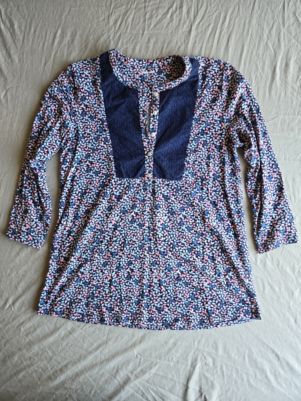 Lands' End Navy Floral Eyelet Yoke Knit Tunic Top Small